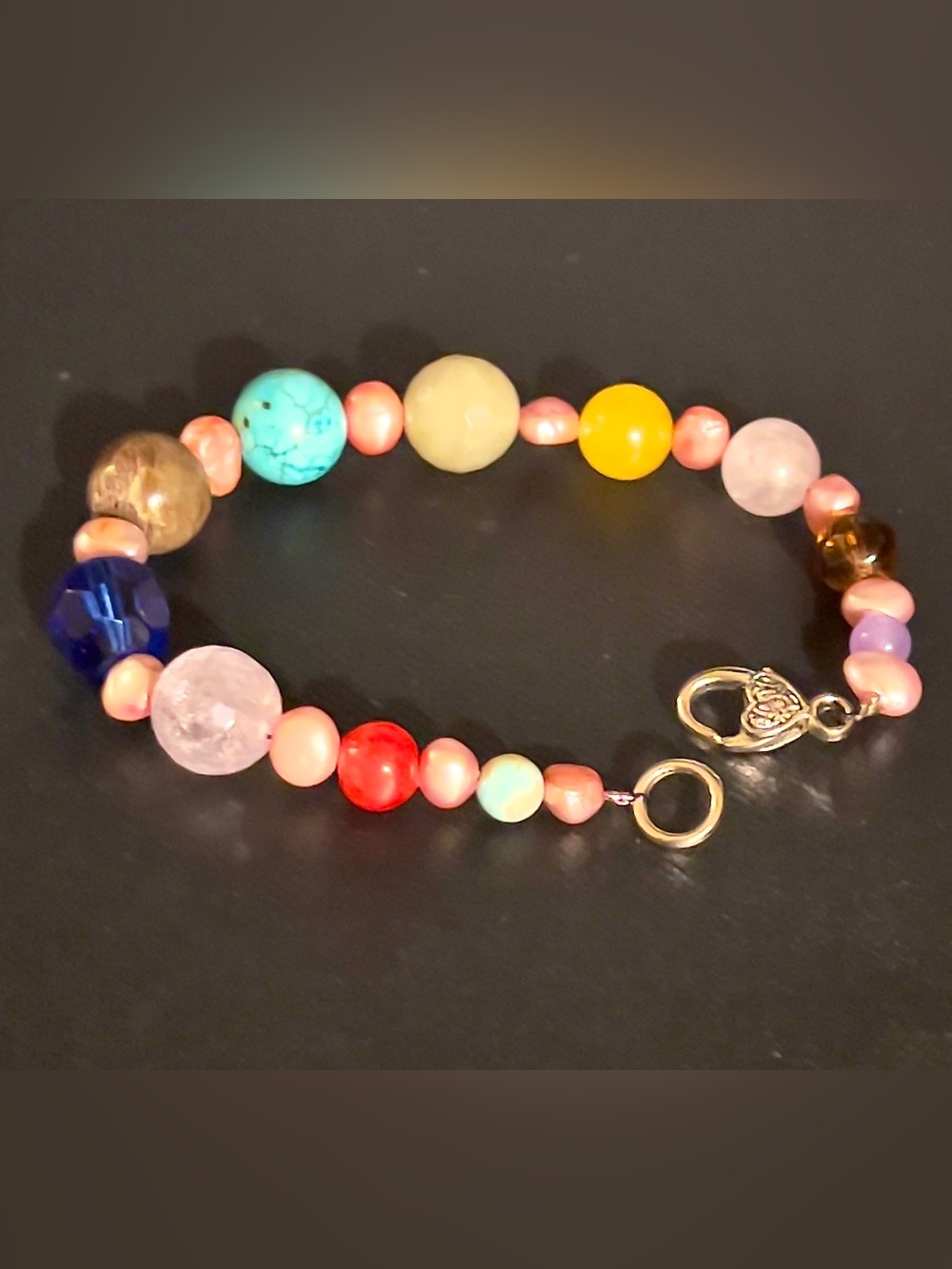 Graduated Multi-Stone & Pink Baroque Pearl 925 Sterling Bracelet 21.6g